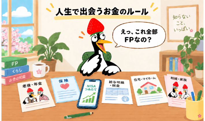 机の上に「老後・年金、保険、住宅、相続、給与明細・税金」の5つのパンフレットとNISAのスマートフォンの画面が広がっている。FPで学ぶことは、人生で出会うお金のルールだと気づいて、鶴がうれしそうに驚いている。