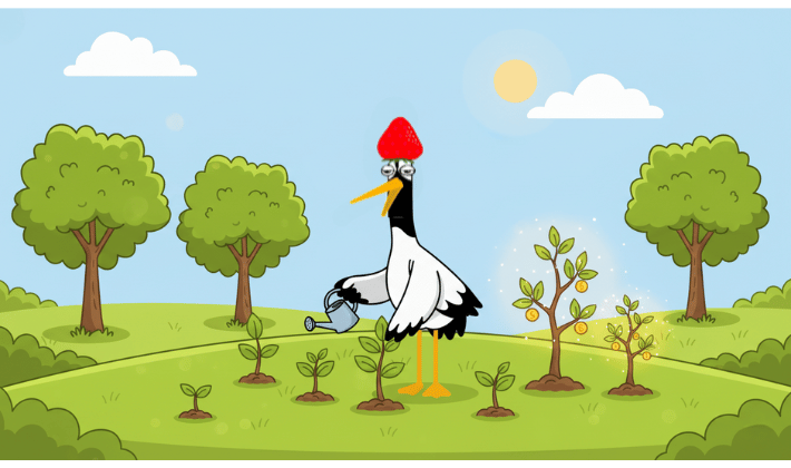 FP資格で学ぶ内容2「金融資産運用」鶴が金の生る木を植えて、水をやり丁寧に育てている姿。