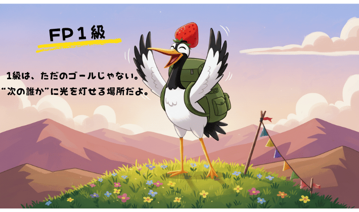 FP1級の山の頂上に立ち、鶴が両手を振って達成感を喜んでいる。「FP1級はゴールじゃなく、次の誰かに光を灯せる場所」と案内している。
