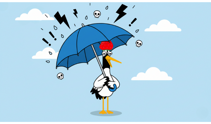 FP資格で学ぶ内容3「リスク管理（保険）」鶴が、天から降って来る災害や災難を、大きな傘で跳ね除けて身を守っている姿。