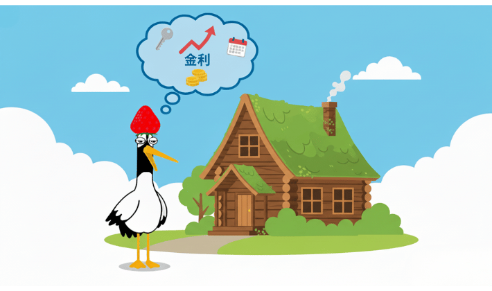 FP資格で学ぶ内容5「不動産」鶴が森の中のかわいい家を購入。「金利はどれくらい？返済期間は？」と考えている姿。