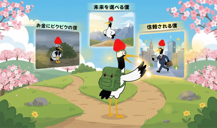未来の自分を選ぶタッチパネルで、鶴が嬉しそうに「なりたい自分」を選んでいる。どのFP資格を目指すかを決めるポイントを伝えるイラスト。