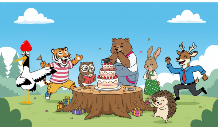 鶴が開いたFP2級の合格パーティ。森の広場で、トラ・フクロウ・クマ・ハリネズミ・ウサギ・シカの6匹が合格を喜び合い、切り株のテーブルには大きな合格祝いケーキが飾られている、笑顔あふれるイラスト。
