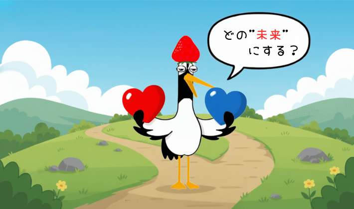 鶴が赤いハートと青いハート持って「どの未来にする？」と聞いている。FP資格はどのレベルを選んでも、未来の自分に繋がる一歩になると表現している。