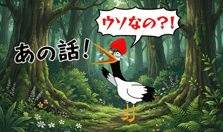信じていたお金の話がウソだったことを知って「ウソなの?!」と驚いて泣く鶴の姿。お金の世界は嘘も多いので、FP資格でお金リテラシーを身につける必要性を表現している。