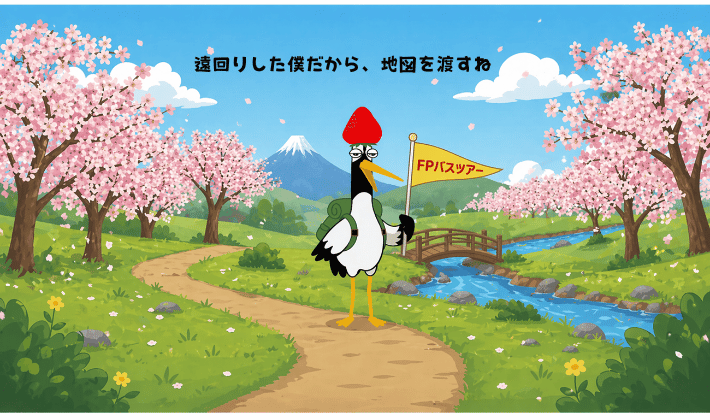 桜が満開のFPの山の分岐点。鶴が「FPバスツアー」の旗を振り、『遠回りした僕だから、地図を渡すね』と、FP資格を目指す人の近道を案内している。