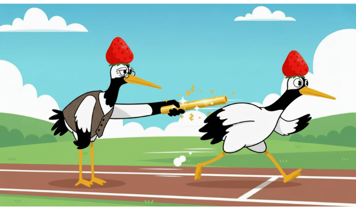 FP資格で学ぶ内容6「相続」おじいちゃん鶴が若い鶴に、黄金のバトンを渡しているバトンリレーのシーン。受け継ぐ相続の象徴。