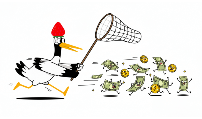 FP資格で学ぶ内容4「タックスプランニング（税金）」逃げていくお金達を、網を持って慌てて追いかけている鶴の姿。税金は仕組みを知らないと、損をすることを表している。