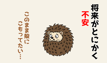 殻に閉じこもろうと背中を丸めているハリネズミのキャラクター。“将来がとにかく不安”“このまま殻に閉じこもってたい”とつぶやいている。FP資格取得前の不安な気持ちを表現したイラスト。