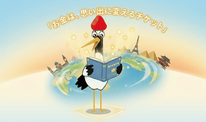 「DIE WITH ZERO」の本を読んで、お金は思い出に変えるチケットだと知った鶴の、世界が広がったシーン。行ってみたい場所や夢が優しい光で広がっている。