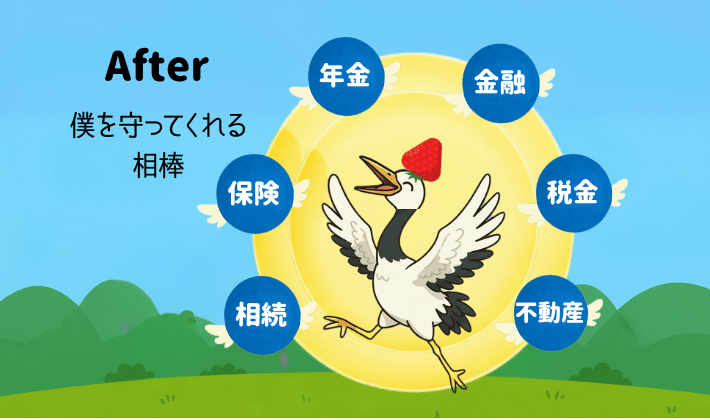 【After】保険・年金・金融・相続・不動産・税金の知識が、黄金のシールドとなって鶴のまわりを取り囲み、やさしく守っている。FP資格で得た知識が、大切なお金と未来を守る“力”になったことを象徴するイラスト。