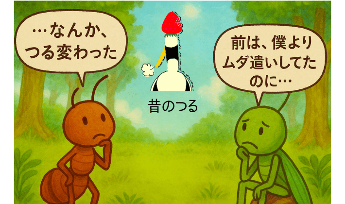 アリとキリギリスが、昔はムダ遣いしてポンコツだった鶴の後ろ姿を思い浮かべて、鶴の変化を不思議がっている。