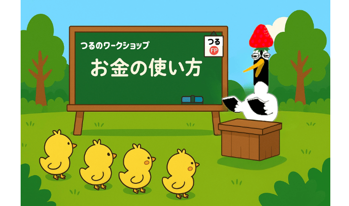 森の学校で、鶴がひよこたちを前に黒板を使って「お金の使い方」を教えている。FP資格で得た知識を、子ども向けワークショップとして伝えている様子。