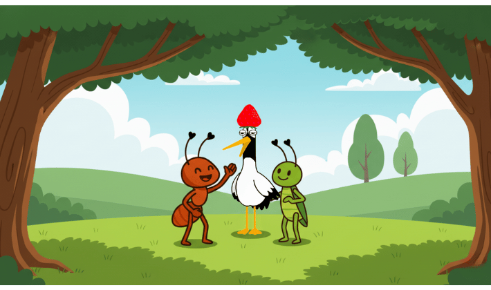 木漏れ日が差し込む森の中で、鶴・アリ・キリギリスの3匹がくつろぎながら語り合う様子。仲良し3匹の穏やかな日常を描いた、あたたかい雰囲気のイラスト。