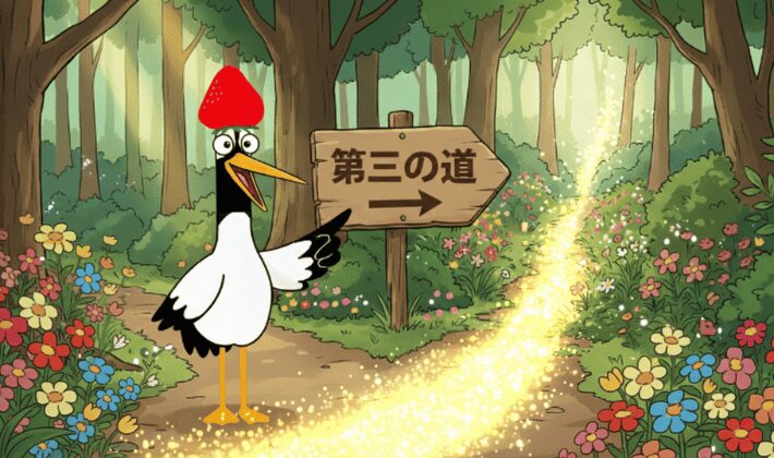 森の中で輝く「第三の道」を見つけて喜ぶ鶴。”未来のためにお金を貯めるだけ”、”今のために使うだけ”、そのどちらでもない「第三の道」。FPの知識でお金の勉強をして、今も未来も大切にお金を使う象徴。
