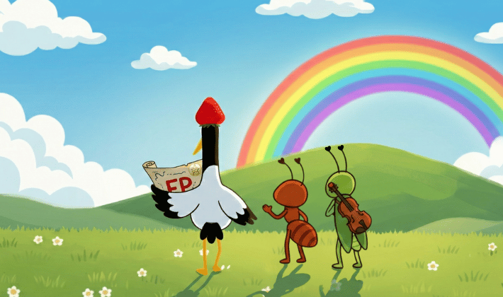 FPの地図を持って、お金の冒険に出発する、鶴・アリ・キリギリスの3匹。森の丘を登る後ろ姿の先には、青空と希望の虹がかかっている。