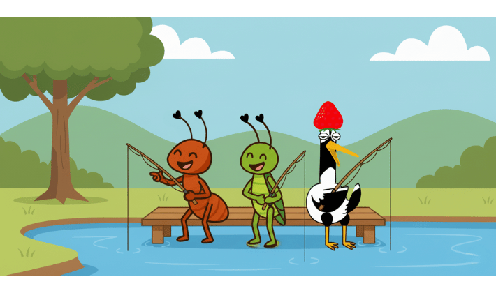 森の川辺のベンチで、鶴・アリ・キリギリスが仲良く釣りを楽しんでいるイラスト。