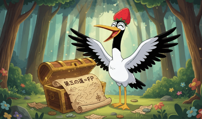 森の中で「第三の道=FP」と書かれた宝の地図を見つけて喜ぶ鶴。FPのお金の知識で、今も未来も大切にお金を配分できるようになる姿。