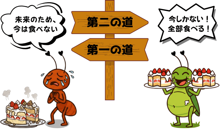 お金の勉強をしないと選択肢が少なく、今か未来かどちらかしか選べない。「第一の道」は、アリが10年後のためにケーキを食べずに腐らせている。「第二の道」は、キリギリスがケーキを両手に持ってドカ食いして太っている。ケーキはお金や思い出の象徴。