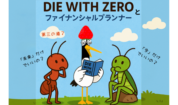 青空の下で、DIE WITH ZEROの本を読む鶴とアリとキリギリス。