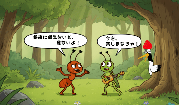 森の中で、お金の使い方について言い争いをしているアリとキリギリス。鶴が心配そうに木の陰から覗いている。