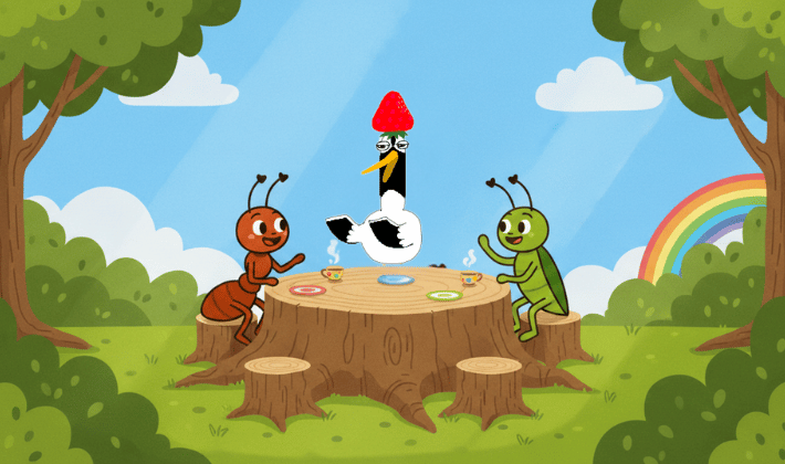 森の大きな切り株のテーブルで、鶴とアリとキリギリスが、午後のお茶を楽しんでいる。