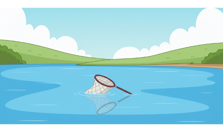 川を流れていく釣り用の網のイラスト。