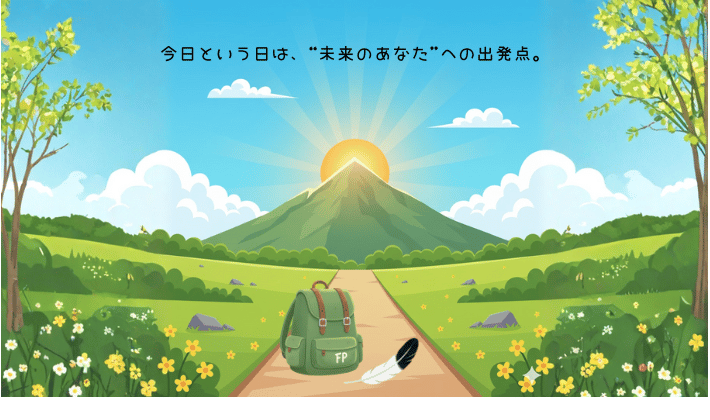 朝日が差し込む山に向かって一本の道が伸びている。道の脇には花が咲き、「今日という日は、未来のあなたへの出発点」という言葉が青空に浮かぶ。道の途中には「FP」と書かれたリュックと、鶴の羽が一枚優しく落ちている。