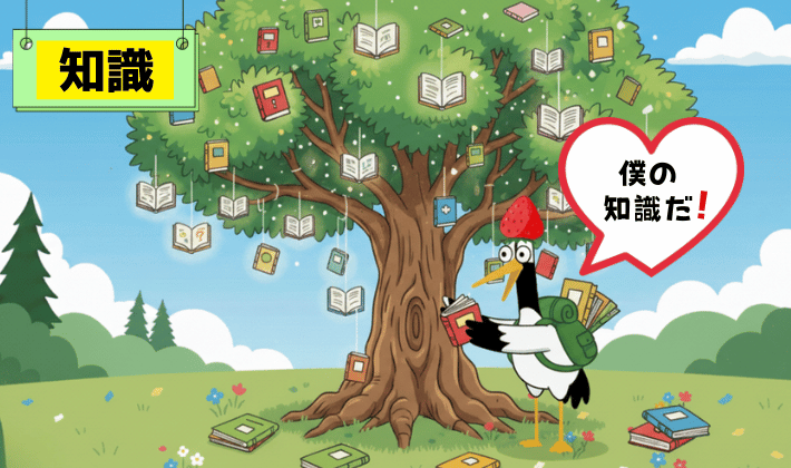 FP資格を学んで知識の本が実った木から、嬉しそうに本を収穫してリュックに詰める鶴。学んだ知識を“冒険の装備”にしている様子を描いたイラスト。