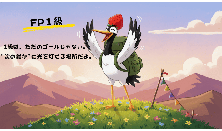FP1級の山の頂上に立ち、鶴が両手を振って達成感を喜んでいる。「FP1級はゴールじゃなく、次の誰かに光を灯せる場所」と案内している。