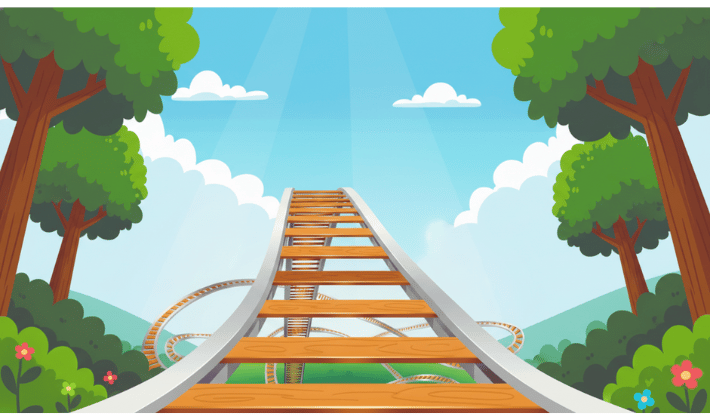 FP2級合格を目指す6か月間を、N型に進むジェットコースターで表現。青空が広がる森の中を、希望と不安を乗せて上昇していくジェットコースターの視点イラスト。