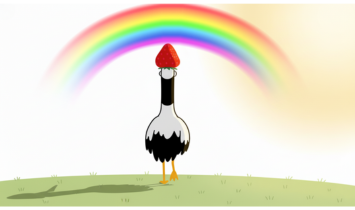 FP資格の勉強6か月。ついに試験の日がやってきた。緊張と不安はあるけど「ここまで来た」誇りをもって、合格の光の方向へ静かに歩いていく鶴の後ろ姿。その姿を虹が優しく迎えている。