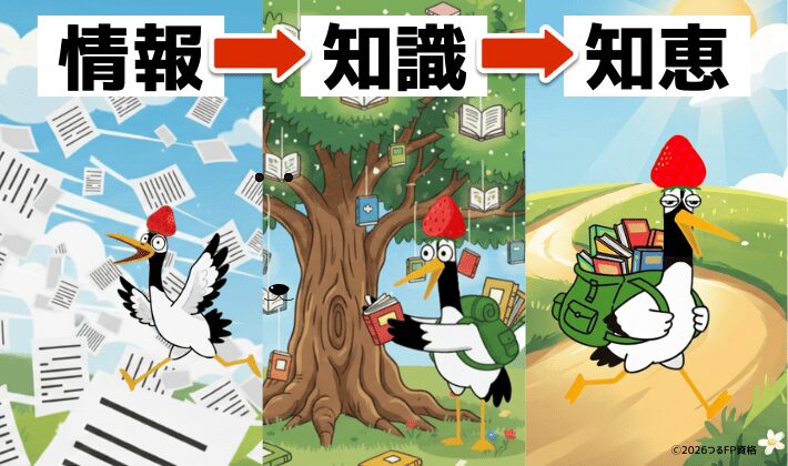 FP資格のメリット。「情報」の紙吹雪が、「知識」の本になって木に実り、鶴が本をリュックに詰めて冒険に出発。お金の勉強が、使える「知恵」になっていく様子を描いたイラスト。