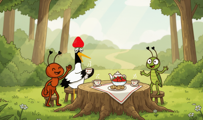 森の大きな切り株のテーブルで、鶴とアリとキリギリスが、午後のお茶を楽しんでいるシーン。