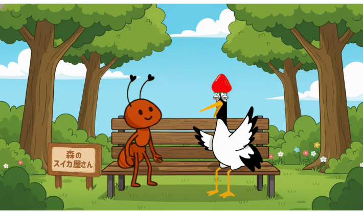 「森のスイカ屋さん」のベンチで、鶴とアリが楽しそうに会話している。ベンチの横には手書き風の「森のスイカ屋さん」の看板が立っている。
