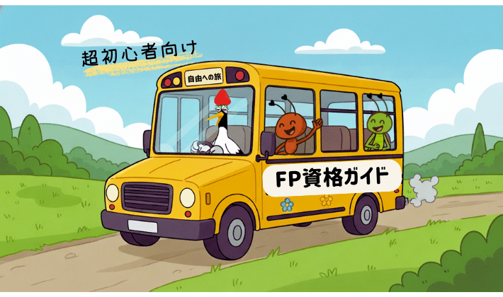 FP資格とは何かを楽しく学べる入門バスツアーに出発！鶴が運転するバスに、アリとキリギリスが笑顔で乗り込み、FP資格の種類やメリットを学びに行くワクワクの旅のはじまり。