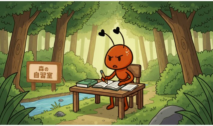 FP2級を目指すアリが、静かな森の中にある自習室で勉強を頑張っている様子。努力を積み重ねる姿が、前向きな気持ちを呼び起こすイラスト。