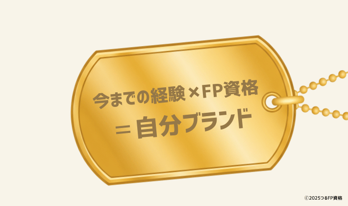 「今までの経験 × FP資格 ＝ 自分ブランド」と刻まれた黄金のペンダントが輝いている。副業やセカンドキャリアに活かせる、あなただけの価値を表現している。