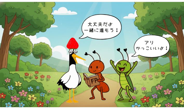 FP2級に挑戦するアリを、鶴とキリギリスがやさしく応援しているイラスト。はじめの一歩を踏み出すアリの不安に寄り添いながら、合格のコツを伝えていく物語の始まり。