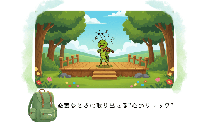 森のステージでバイオリンを演奏するキリギリスの未来の姿。その足元には、FPと書かれたリュックと「必要な時に取り出せる心のリュック」の文字。今は音楽に集中したいキリギリスに、FP資格が“いつか”の安心をくれる存在であることを表現。