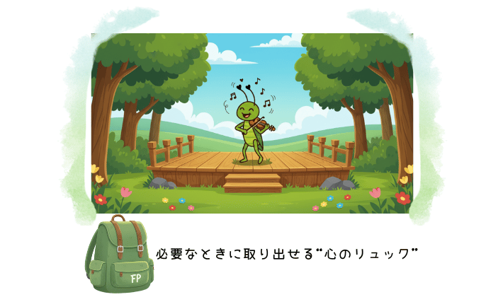 森のステージでバイオリンを演奏するキリギリスの未来の姿。その足元には、FPと書かれたリュックと「必要な時に取り出せる心のリュック」の文字。今は音楽に集中したいキリギリスに、FP資格が“いつか”の安心をくれる存在であることを表現。