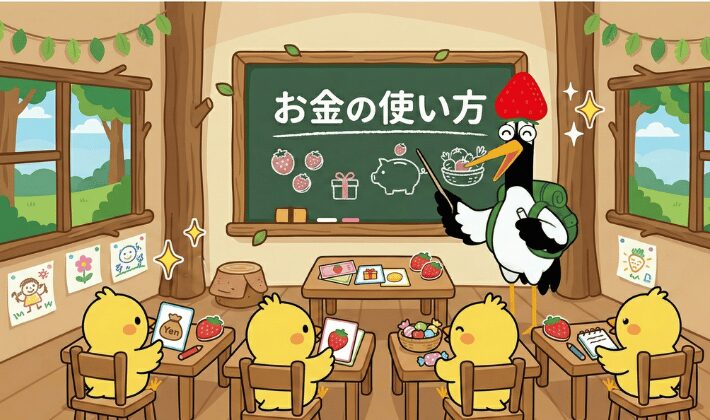 森の学校で、鶴がひよこ達に「お金の使い方」を教えている。FP資格で得た知識を、子ども向けワークショップとして伝えている様子。