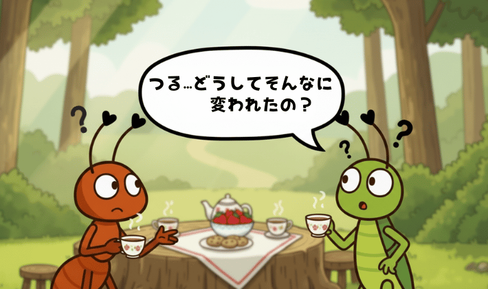 FP資格を取って変化した鶴に、「どうしてそんなに変われたの？」とアリとキリギリスが尋ねているシーン。