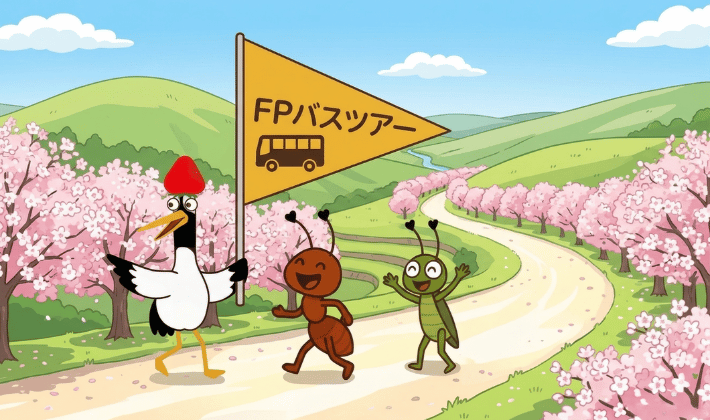 FP資格を学ぶ「鶴のFPバスツアー」。FPの山を鶴とアリとキリギリスがハイキングしている。道のわきには桜が満開で、お金の知識で、迷わない明るい未来を表している。