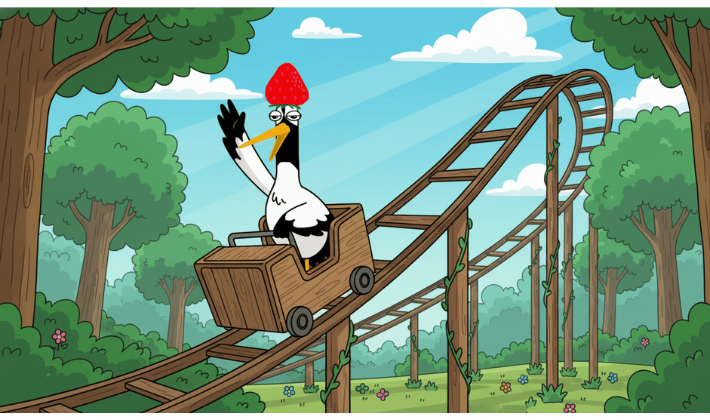 森の中を走るジェットコースターに乗って、手を上げて笑う鶴。FP2級の6か月間の勉強を、楽しみながら駆け抜けている様子を表現したイラスト。