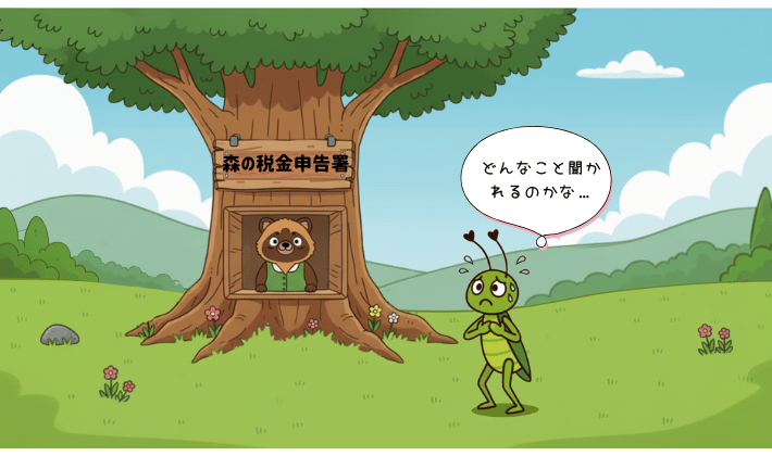 森の中にある「税金申告署」と書かれた大きな木。中では税務署職員のタヌキが笑顔で出迎えており、手前では申告に来たキリギリスが「どんなこと聞かれるのかな…」と胸に手を当てて緊張している。