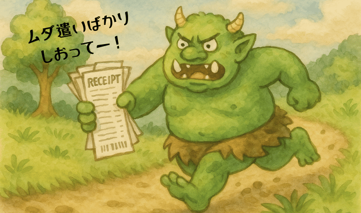 ムダ遣いを注意する緑色の鬼のイラスト。手には大量のレシートを持ち、「ムダ遣いばかりしおってー！」と追いかけている様子。お金の管理の大切さをユーモラスに表現。