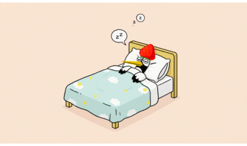 疲れた日は早めにおやすみ。ベッドで眠る鶴が、ゆっくり休むことも合格への一歩だと伝える、FP2級の勉強に寄り添うイラスト。