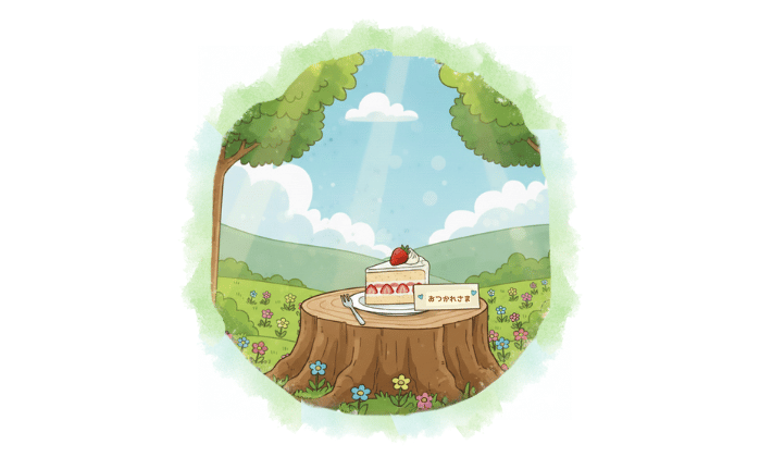森の切り株に置かれた苺のショートケーキと、「おつかれさま」のメッセージカード。FP受験生や夢に向かって頑張る人をそっとねぎらう、あたたかなイラスト。