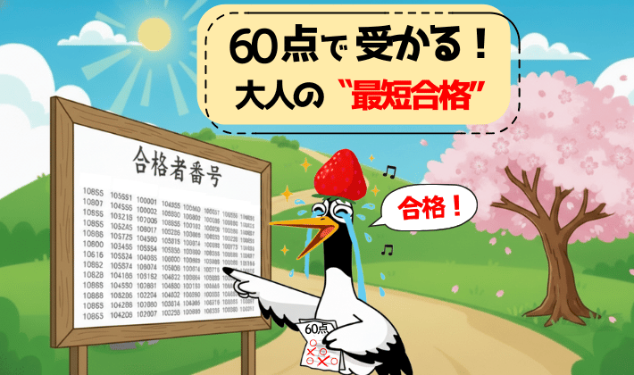 FP資格試験の合格掲示板の前で、自分の番号を見つけて涙ぐむ鶴。頑張った時間が報われ、合格の桜が優しく咲いている。